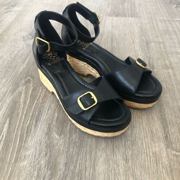 Vince Camuto Meterry Womens Adjustable Wedge Sandals Black Leather Upper Size 7M - Picture 3 of 13